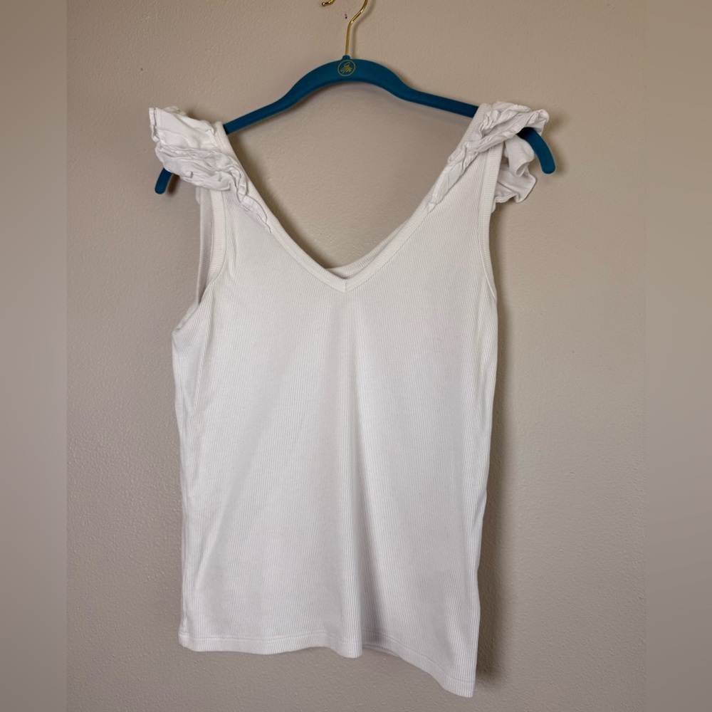 Old Navy White Ruffle-Shoulder V-Neck Tank